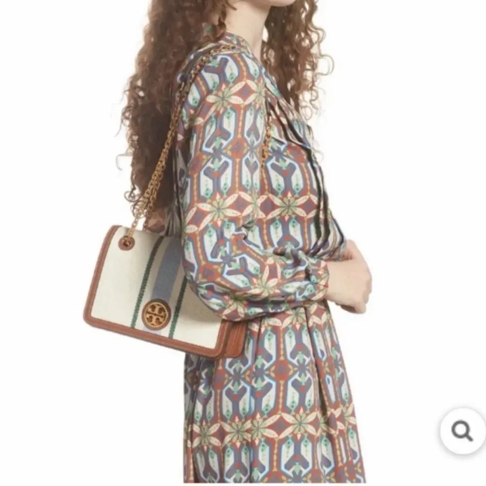 Tory Burch Carson Striped Convertible Shoulder Crossbody Bag Cream Linen Leather